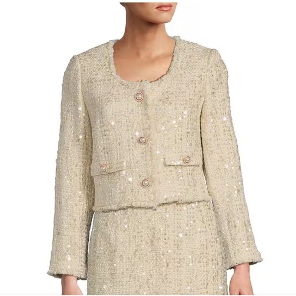 Antonio Melani London Tweed Long Sleeve Round Neck Ivory Cropped Jacket